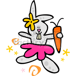 A whimsical, happy cartoon bunny holding a carrot, decorated with swirls and stars in yellow and pink.