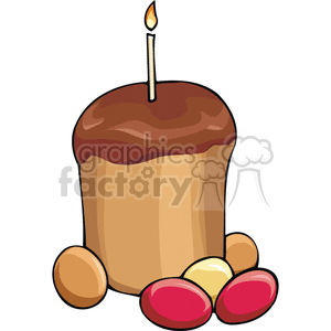 Clipart image of a traditional Easter cake with a candle on top, surrounded by colorful eggs.