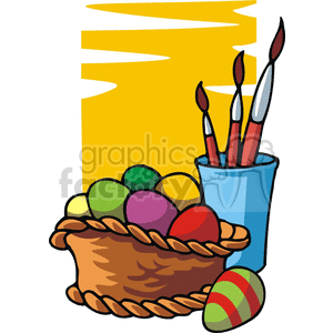 Basket of Colorful Easter Eggs and a Cup with Brushes