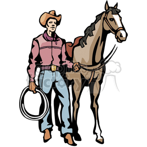 A cowboy wearing a hat and holding a lasso stands beside a horse, embodying a western theme.