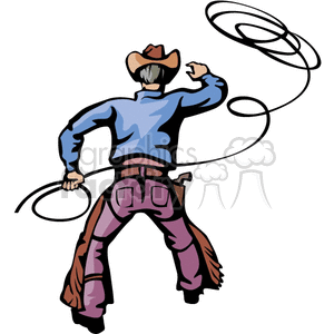 Clipart image of a western cowboy wearing a hat, blue shirt, chaps, and gun belt, skillfully swinging a lasso.