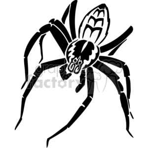 This clipart image features a stylized black-and-white spider, which has been designed to be compatible with vinyl cutters making it suitable for vinyl-ready applications. The spider has a prominent body with a detailed design on its torso and eight extended legs conveying a sense of movement or positioning.
