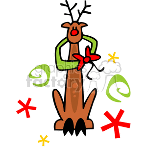 A festive cartoon reindeer with a red nose, reminiscent of Rudolph, adorned with a red bow and surrounded by colorful decorative elements.