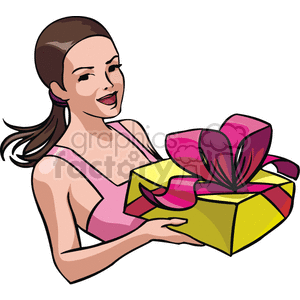 The clipart image features a woman with a pleasant expression holding a gift wrapped in yellow paper with a large pink bow on top. She has her hair tied back and is wearing a pink top or dress.
