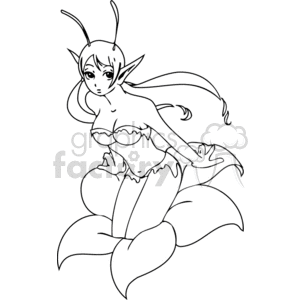 Line art of a fantasy character with elf-like ears, long hair, and a costume resembling a flower.