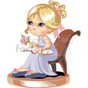 A little girl in a blue nightgown and slippers sitting in a chair reading a book