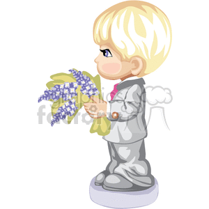 A Side View of a Boy in a Grey Suit Holding a Flower Bouquet