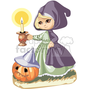 A girl in a cloak carrying a candle with a halloween pumpkin at her feet