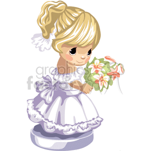 A little blonde haired girl in a purple and white frilly party dress carrying a bouquet of lilies