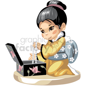Asian girl in a yellow kimono pulling pearls out of a jewelry box