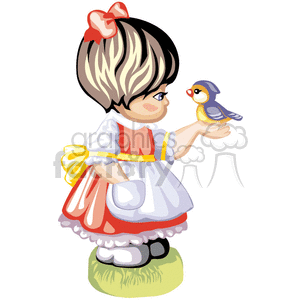 A Little Girl with a Red Dress and a White Apron Holding a Blue Bird