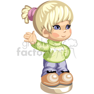 A little blonde haired girl with a pony tail and a green shirt and jeans waving