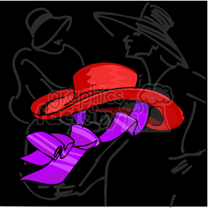 A vibrant clipart image featuring a red hat with a large purple ribbon. The hat is set against a black background with minimalistic outlines of two figures wearing hats.