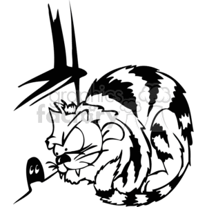 The clipart image features a striped cat with an angry or menacing expression curled up and looking directly at a tiny mouse that is standing in front of it hidden in the mouse hole. The cat's tail is wrapped around its body, and one can observe bold, contrasting black stripes across its back and tail, suggesting the striped pattern of its fur.