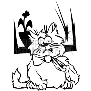 The clipart image depicts a fluffy kitten with a large bow tied around its neck. The kitten appears to be unhappy or annoyed. There are grass or plant elements in the background, hinting that the kitten might be outdoors.
