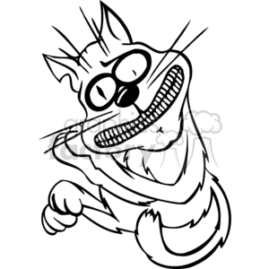 The clipart image features a stylized, exaggerated, funny rendition of a cat. The cat has large, bulging eyes, a wide smiling mouth with detailed teeth, and a dynamic pose that suggests a playful or goofy character. It is depicted in a bold black-and-white line art style that is suitable for vinyl cutting or printing.