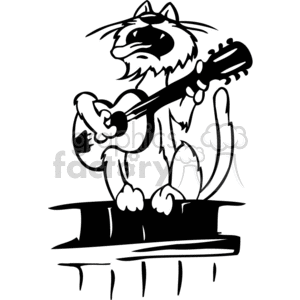 This clipart image features a stylized cartoon cat standing on a raised surface like a stage. The cat is depicted with a humorous expression, singing with its mouth open and playing a guitar. The cat has a fluffy fur texture indicated by jagged lines, and it has a pair of pointy ears. The image is a simple black and white line drawing, designed for vinyl-ready applications.