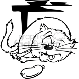 The clipart image features a whimsically drawn, fat cat lying under a table with a satisfied or content expression on its face. There is a chicken or turkey leg on the ground nearby, suggesting the cat has just had a hearty meal, contributing to its plump appearance. The image is styled in bold, black outlines suitable for vinyl-ready designs for stickers, decals, or T-shirt prints.