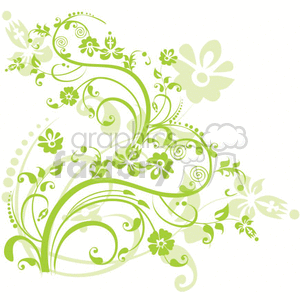 A green floral decorative design featuring various swirling vines, leaves, and flowers.