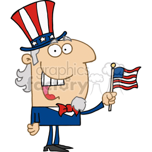 Cartoon clipart of a character wearing a red, white, and blue top hat and holding an American flag.