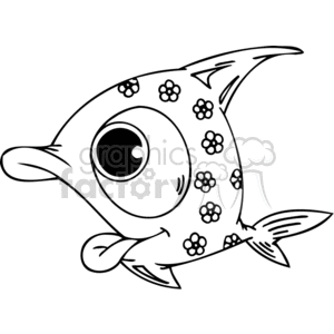 The image is a black and white clipart of a cartoonish fish with a large, exaggerated eye and a humorous expression. The fish’s body is decorated with flower-like patterns.