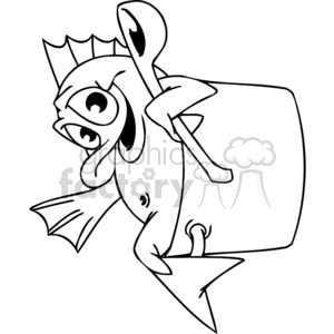 The image is a black-and-white clipart of a cartoon fish sitting inside a cooking pot. The fish is holding a spoon, implying that it may be cooking or stirring something inside the pot.