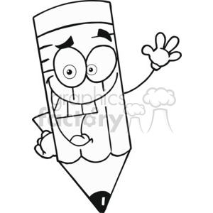 A humorous clipart image of a cartoon pencil with a smiling face, featuring large eyes and an expressive hand wave.