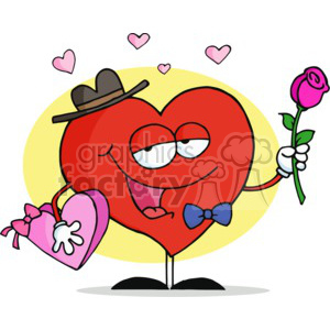 A charming cartoon heart character wearing a hat and bowtie, holding a pink heart-shaped gift and a pink rose, surrounded by small hearts.