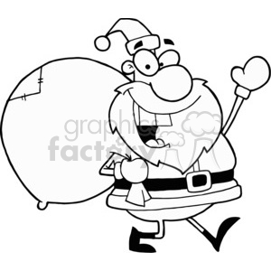 A black and white clipart image of a cheerful Santa Claus carrying a large sack over his shoulder.