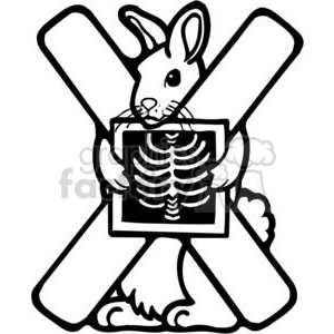 A black and white clipart image of a rabbit holding an X-ray image of a ribcage with crossing bones behind it.