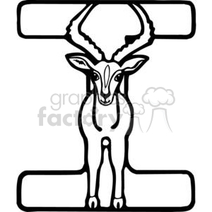 Clipart image featuring a stylized antelope or deer with large curved horns, standing in the center of a bold, square-outline letter 'I'. The image is drawn in black and white, highlighting the animal's distinct silhouette and intricate horn details.