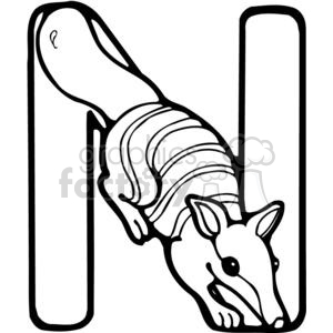 Black and white clipart image of the letter 'N' with an Numbat climbing on it.