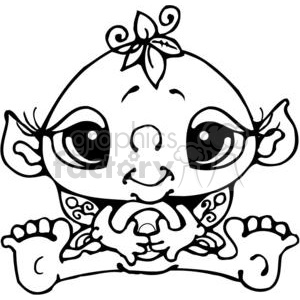 A cute clipart image of a stylized elf with large eyes, sitting with its feet outstretched and holding something close to its face.