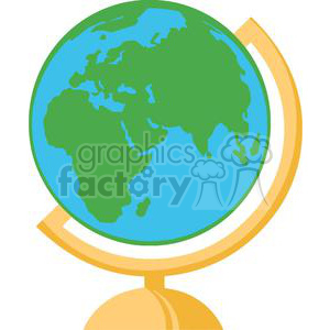 The image depicts a stylized and simplistic illustration of the Earth globe on a stand. The globe shows a basic representation of the continents in green on a blue ocean background. It's placed in a tilted golden stand, which suggests that it is a desktop world globe commonly used for educational purposes or as decor.