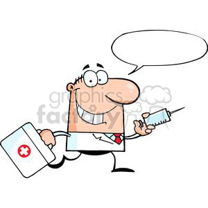 A humorous cartoon doctor holding a syringe and a medical bag with an empty speech bubble.