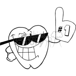 A cartoon tooth character wearing sunglasses, grinning widely, and holding a foam finger with '#1'.