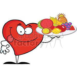 A cartoonish red heart character with a goofy expression holding a platter of colorful fruits, including watermelon, pineapple, grapes, and bananas.