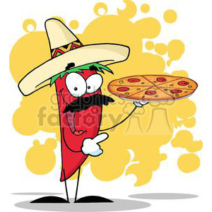 Cartoon Chili Pepper in Sombrero Holding Pizza