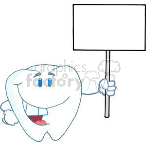 This clipart image depicts a cartoonish, anthropomorphic tooth with a pair of blue eyes and a big smile, wearing a collar and tie. The tooth character is holding up a blank sign on a stick with its gloved hand, appearing ready to deliver a message or to be customized with text.