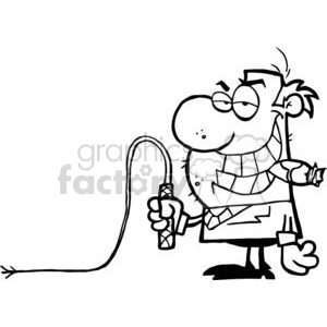   The image is a black and white clipart illustration that features a cartoon-style funny guy holding a whip. The character is smiling and has a whimsical expression, wearing what appears to be a striped shirt and pants with cuffs, along with shoes. The whip is loosely held in the character