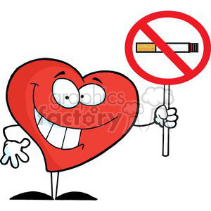 This image features a cartoon-style anthropomorphic heart with a large, smiling face and an exaggerated expression. The heart is holding a sign with the universally recognized no-smoking symbol—a lit cigarette encircled by a red band with a line through it—indicating a prohibition against smoking. The heart appears happy and enthusiastic, perhaps suggesting the health benefits of not smoking.