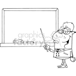 A humorous clipart illustration of a cartoon teacher standing in front of a blank blackboard, holding a pointer. The teacher is wearing glasses and a suit, smiling with big round eyes.