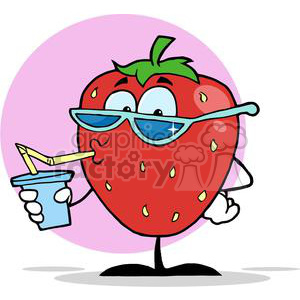 This clipart image features an anthropomorphic strawberry character wearing sunglasses and casually drinking from a cup with a straw. The strawberry character is portrayed with a happy, relaxed expression, giving the impression of enjoying a refreshing beverage on a summer day.