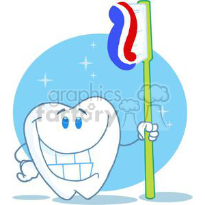 The clipart image features an anthropomorphic tooth character smiling and holding a large toothbrush with toothpaste on it. The background has a blue gradient with white sparkles, suggesting cleanliness or freshness.