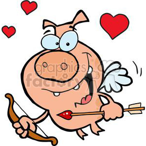 A humorous cartoon pig dressed as Cupid, holding a bow and arrow with heart-shaped features.