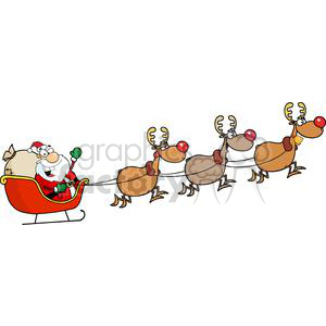 Cartoon image of Santa Claus in a sleigh with a sack of gifts, being pulled by three reindeer with red noses.