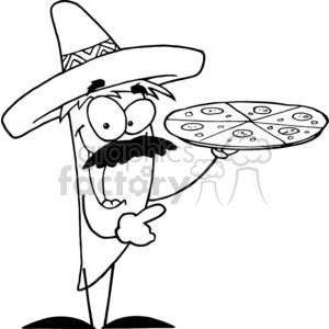Black and white clipart image of a cartoon character with a mustache and a sombrero holding a pizza.
