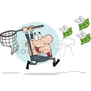 Clipart image of a cartoon businessman chasing flying dollar bills with a net.