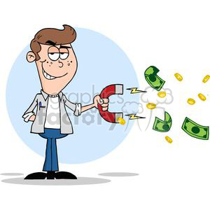 Cartoon Character Attracting Money with Magnet