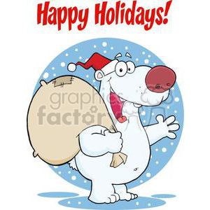 A cheerful cartoon polar bear dressed as Santa Claus, holding a sack, with snowflakes around and the text 'Happy Holidays!'.